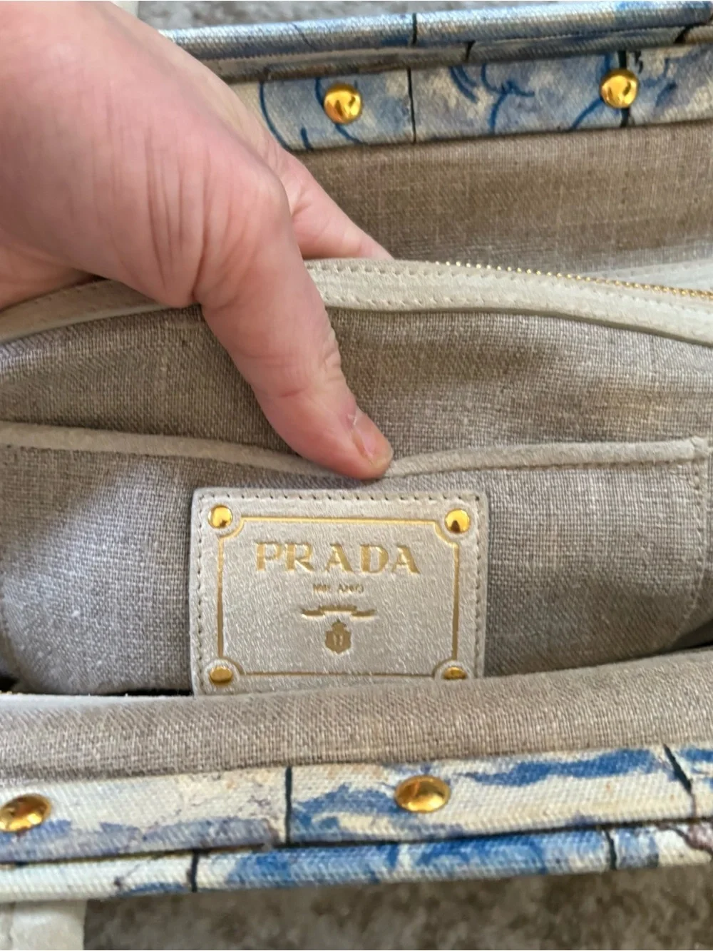 Prada Blue and White Scenic Satchel with Cream Handles